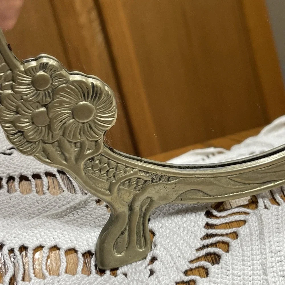 Vintage Art Nouveau Brass Mirror Lady of Lake Flower Vanity Frame